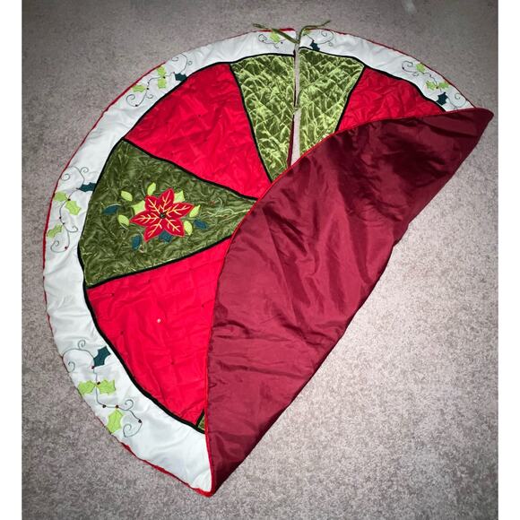 50" Poinsettia Velvet Sateen Pierced Quilted Embroidered Christmas Tree Skirt - Picture 12 of 12